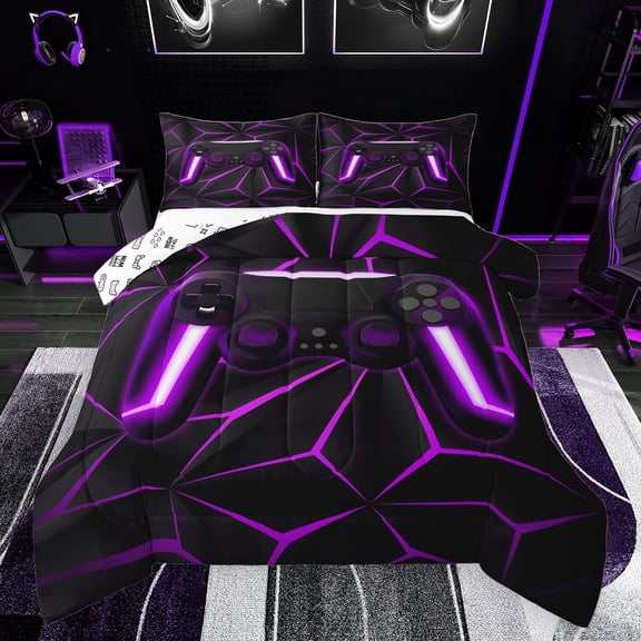 Castle Fairy Video Game Boy Bedding Comforter Set 2pcs,Abstract Geometric Plaid Gamepads Twin Comforter Sets Microfiber,Purple Neon Lights Gamer Breathable Bedding Set,Super Cozy Room Decor