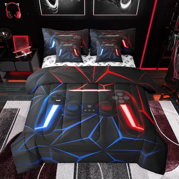 Castle Fairy Video Game Boy Twin Bedding Sets 7-Piece,Abstract Geometric Plaid Gamepads Bedding Comforter Set Microfiber,Blue Red Neon Lights Gamer Breathable Sheet Sets,Super Cozy Room Decor