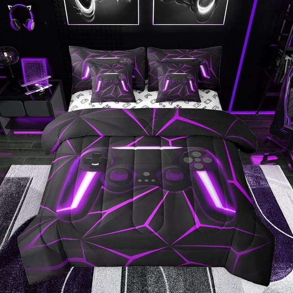 Castle Fairy Video Game Boy Twin Bedding Sets 7-Piece,Abstract Geometric Plaid Gamepads Bedding Comforter Set Microfiber,Purple Neon Lights Gamer Breathable Sheet Sets,Super Cozy Room Decor
