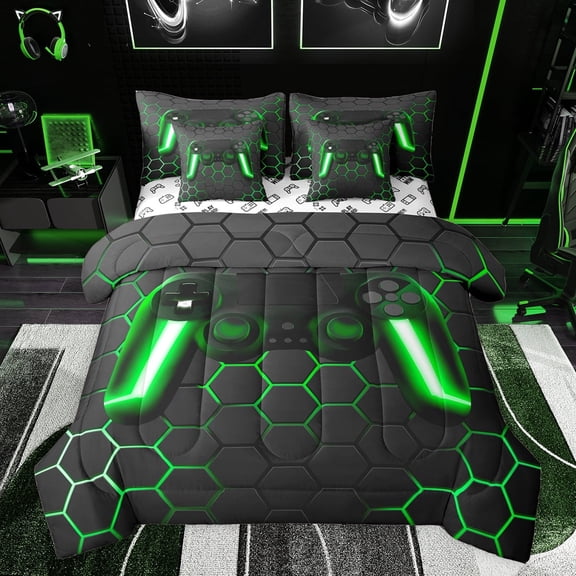 Castle Fairy Video Game Twin Bedding Sets 7-Piece for Kids Teens Adults,Game Controller Teens Game Bedding Comforter Set Microfiber,Geometric Hexagon Honeycomb Breathable Sheet Sets