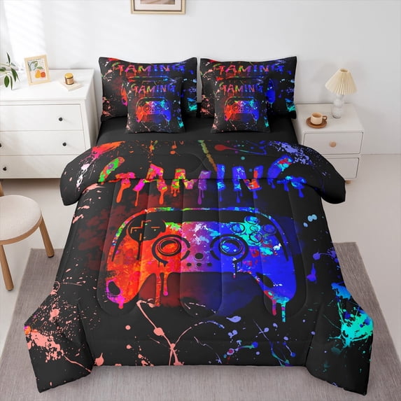 Castle Fairy Video Game Twin Bedding Sets,Abstract Ombre Gamer Bedding Comforter Set