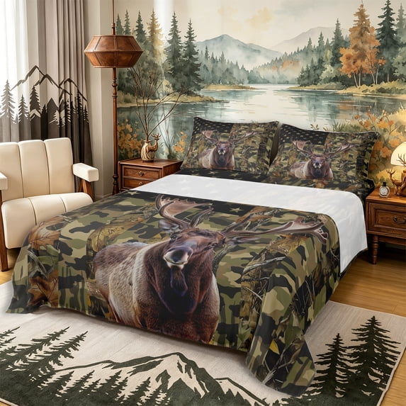 Castle Fairy Vintage American Flag Moose Queen Sheets 4 Pieces,Abstract Camouflage Animal Queen Sheet Sets,Olive Black Tan,1 Fitted Sheet, 1 Flat Sheet and 2 Pillowcases
