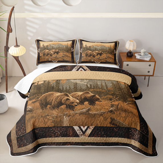 Castle Fairy Vintage Animal Bear Twin Quilt Set for Teens,Bohemian Aztec Mountain Twin Coverlet Set,Brown Gold Cream