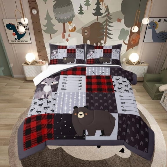 Castle Fairy Vintage Arrow Bear and Fox Comforter Set Queen Size, Striped Farmhouse Bedding for Kids, 310 Gsm Microfiber, Red and Black
