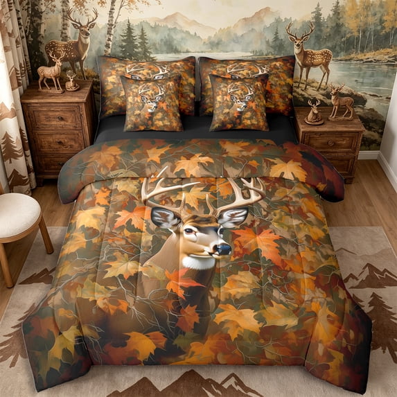 Castle Fairy Vintage Autumn Deer Queen Bedding 7pcs,Oak Fall Leaf Backdrop Bedding Comforter Set Queen,Orange Brown Cream,Black Reversible