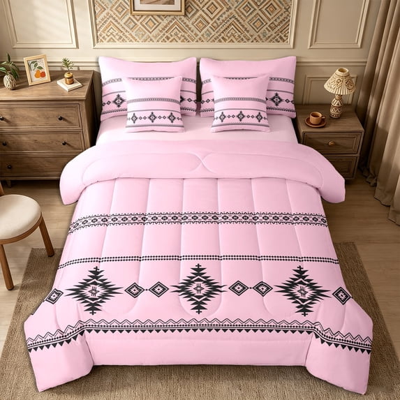 Castle Fairy Vintage Aztec King Bedding 7pcs,Tribal Geometric Motif King Bed in a Bag,Black Light Pink,Reversible