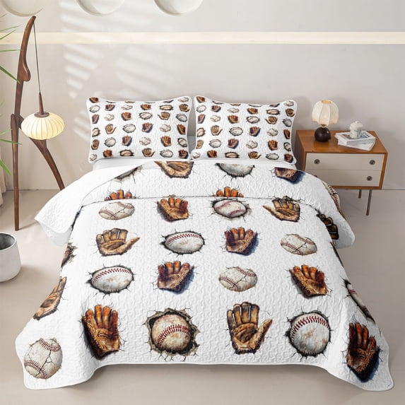 Castle Fairy Vintage Baseball Quilt Full,Cracked Wall Ball Glove Full Bedspread Sets,Brown White