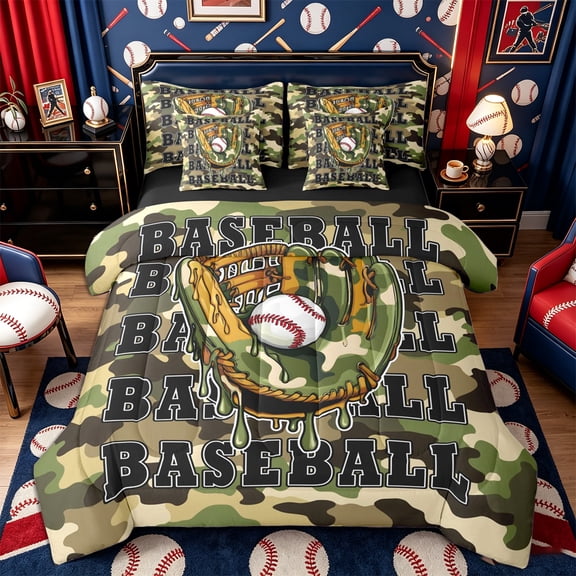 Castle Fairy Vintage Baseball Twin Bedding 7-Piece, Camouflage Glove Pattern Bedding Comforter Set, Green Brown,Black Reversible