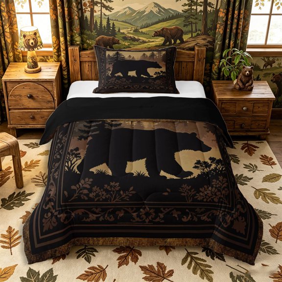 Castle Fairy Vintage Bear Silhouette Twin Comforter Sets 2pcs,Floral Pine Bedding Set,Sepia Dark Brown,Black Reversible,1 Comforter and 1 Pillowcase