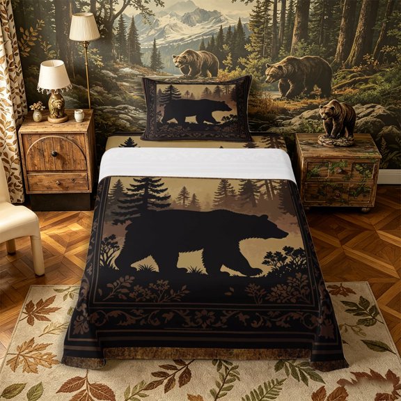 Castle Fairy Vintage Bear Silhouette Twin Sheets 3pcs,Floral Pine Bedding,Sepia Dark Brown,1 Fitted Sheet, 1 Flat Sheet and 1 Pillowcase