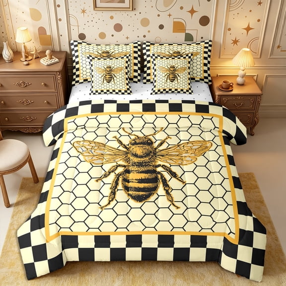 Castle Fairy Vintage Bee Graphic Full Size Bedding Sets 7 Pieces,Geometric Honeycomb Full Size Bed in a Bag,Black Cream Golden Yellow,Reversible