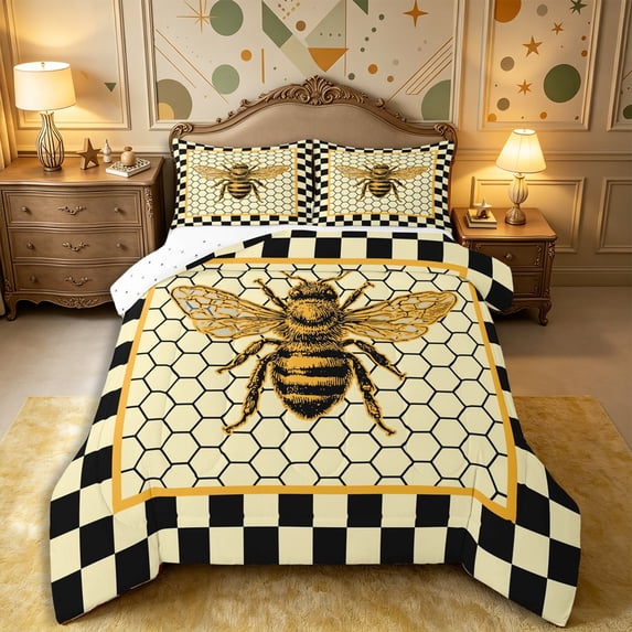 Castle Fairy Vintage Bee Graphic Full Size Comforter Sets 3-Piece,Geometric Honeycomb Bedding Comforter Set,Black Cream Golden Yellow,Reversible,1 Comforter and 2 Pillowcases