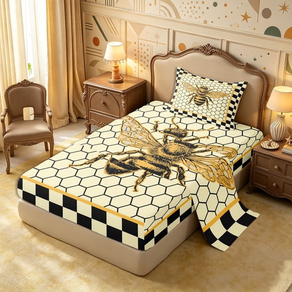 Castle Fairy Vintage Bee Graphic Twin Sheets 3pcs,Geometric Honeycomb Bedding,Black Cream Golden Yellow,1 Flat Sheet, 1 Fitted Sheet and 1 Pillowcase