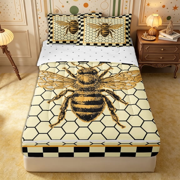 Castle Fairy Vintage Bee Graphic Zipper Twin Comforter Sets with Fitted Sheet and 2 Pillowcases,Geometric Honeycomb Zipper Bedding Set,Black Cream Golden Yellow,Reversible