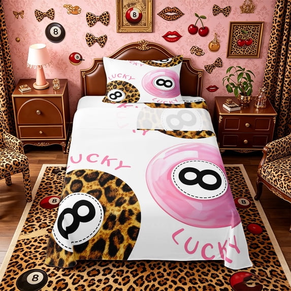 Castle Fairy Vintage Billiards Twin Sheets 3pcs, Leopard Print Billiards Bedding, Pink Brown Black,1 Fitted Sheet, 1 Flat Sheet and 1 Pillowcase