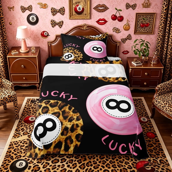 Castle Fairy Vintage Billiards Twin Sheets 3pcs, Leopard Print Billiards Bedding, Pink Brown Black,1 Fitted Sheet, 1 Flat Sheet and 1 Pillowcase