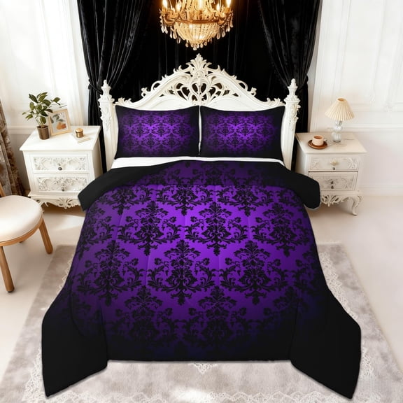 Castle Fairy Vintage Black Purple Kids Comforter Set Queen Size, Gothic Damask Lace Pattern Reversible Bedding Set for Adult, Bohemian Victorian Baroque Floral Luxury Bed Duvet Insert
