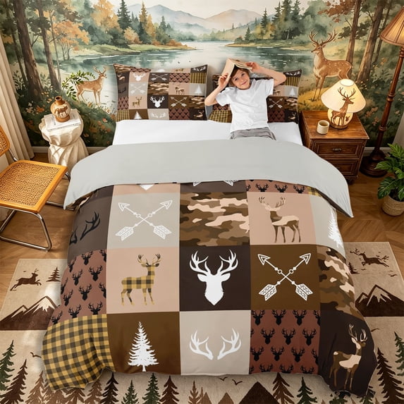 Castle Fairy Vintage CHeckered Camo Deer Duvet Cover King,Animal Hunting King Bedding,Tan Brown Cream,Grey Reversible,3 Pieces,No Comforter,1 Duvet Cover and 2 Pillowcases