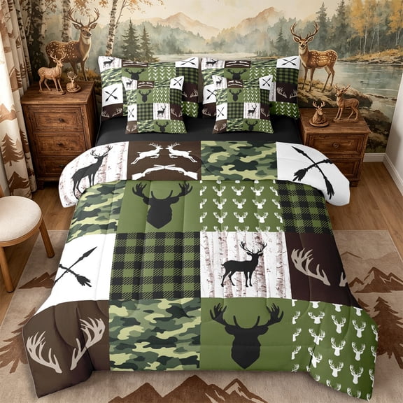 Castle Fairy Vintage Camo Deer 7-Piece Twin Bedding,Abstract Geometric Plaid Bedding Comforter Set,Black Reversible