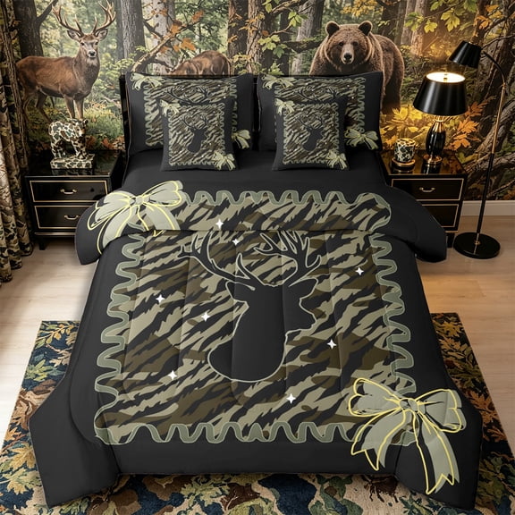 Castle Fairy Vintage Camo Deer 7-Piece Twin Bedding,Kawaii Stripes Bow Bedding Comforter Set,Sage Black Cream,Black Reversible