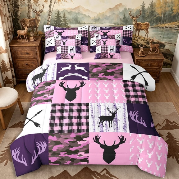 Castle Fairy Vintage Camo Deer Full Size Bedding Sets 7 Pieces,Abstract Geometric Plaid Full Size Bed in a Bag,Pink Reversible