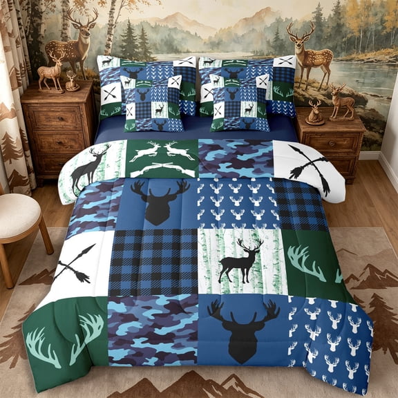 Castle Fairy Vintage Camo Deer Queen Bedding 7pcs,Abstract Geometric Plaid Bedding Comforter Set Queen,Navy Blue Reversible