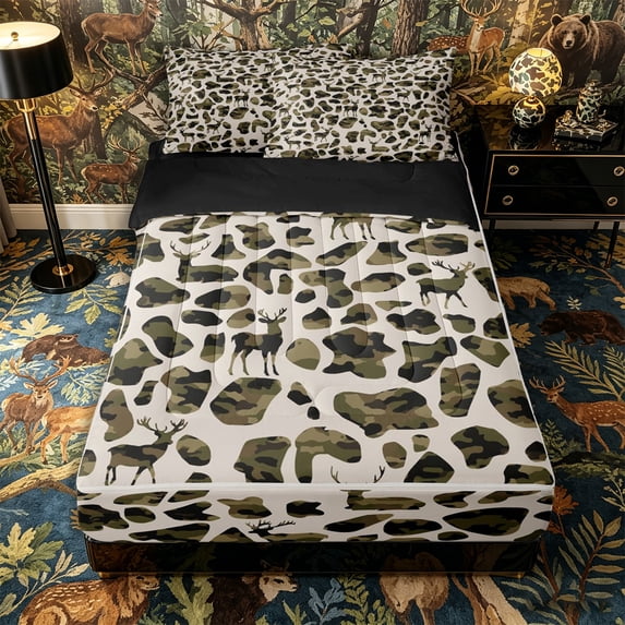 Castle Fairy Vintage Camo Deer Zipper Full Size Comforter Sets with Fitted Sheet and 2 Pillowcases for Teens,Jungle Animal Zipper Bedding Set,Beige Olive Brown,Black Reversible,4pcs