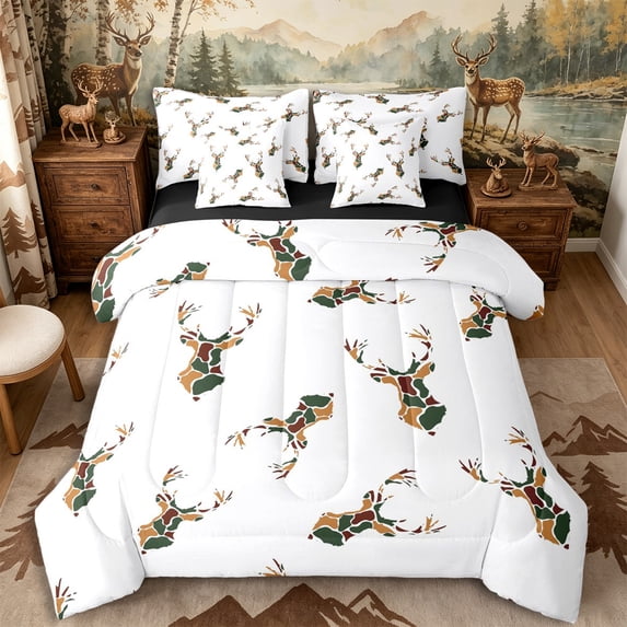 Castle Fairy Vintage Camouflage Animal Deer Full Size Bedding Sets 7 Pieces,Jungle Wildlife Full Size Bed in a Bag,Brown Olive,Black Reversible