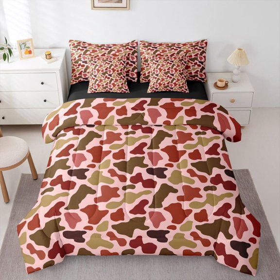 Castle Fairy Vintage Camouflage Bedding Comforter Set 7-Piece for Female Men Women,Abstract Geometric King Bedding Sets,Vintage Aesthetic Camo Ultra Soft Bed Sheets,Microfiber Bedroom Decor