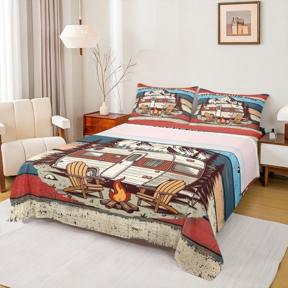 Castle Fairy Vintage Camper Bed Sheets 4pcs for Adults, Adventure Theme King Sheets for Bedroom, Red Blue