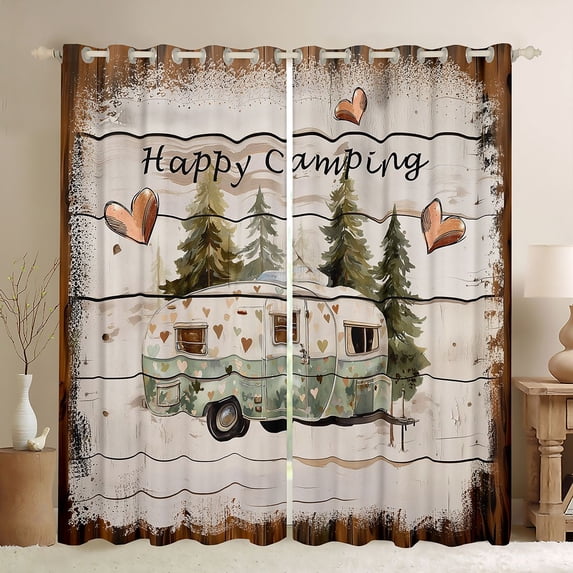 Castle Fairy Vintage Camper Black Out Curtains for Adults, Happy Camping Curtains Pack of 2 (42x63 Each) for Bedroom, Mint Brown