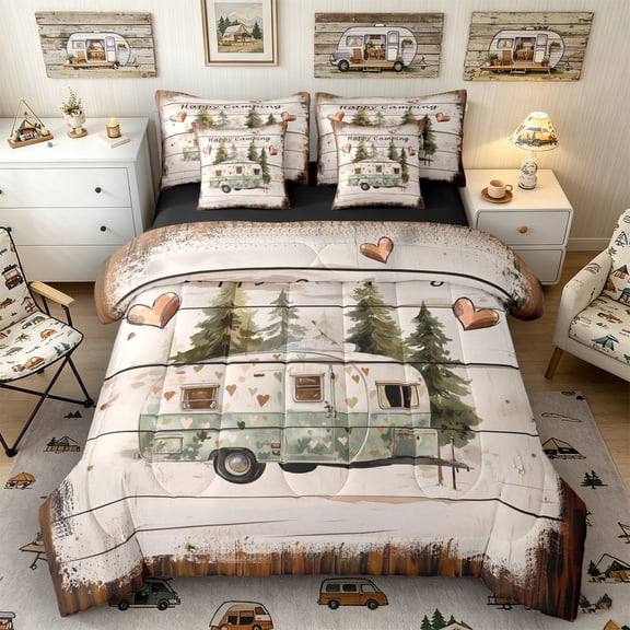 Castle Fairy Vintage Camper Twin Bedding Sets 7-Piece for Adults, Happy Camping Bedding Comforter Set for Bedroom, Mint Brown,Black Reversible