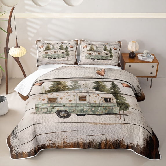 Castle Fairy Vintage Camper Twin Quilt Set,Happy Camping Twin Coverlet Set for Bedroom,Mint Brown