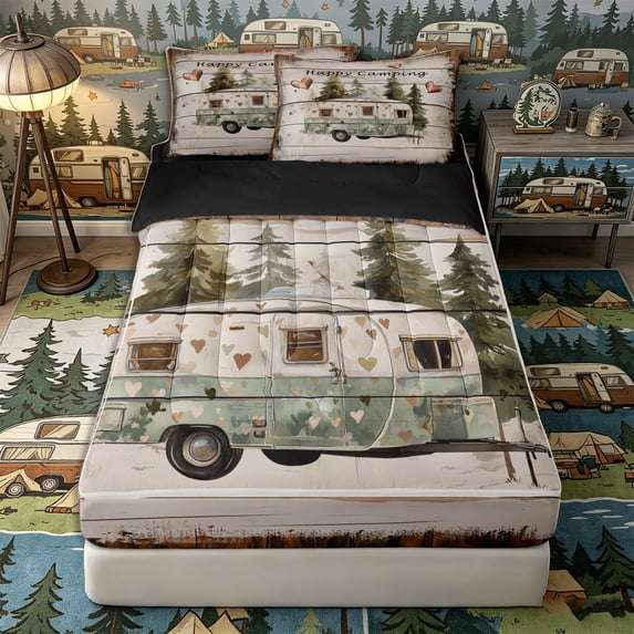Castle Fairy Vintage Camper Zipper Twin Comforter Sets with Fitted Sheet and 2 Pillowcases,Happy Camping Zipper Bedding Set for Bedroom,Mint Brown,4-Piece,Black Reversible