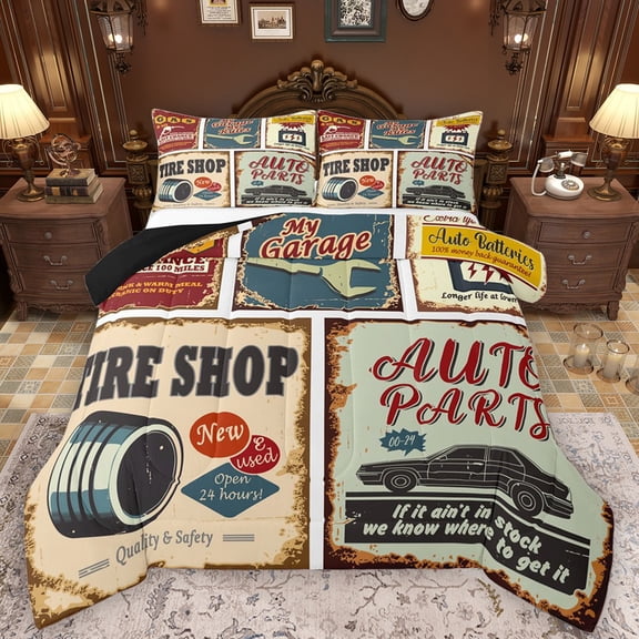 Castle Fairy Vintage Car Theme Boy Girl Full Size Comforter Sets 3-Piece,Retro Vintage Bedding Comforter Set,Geometric Plaid Lightweight Bedding Sets,Microfiber Bedroom Decor,Reversible