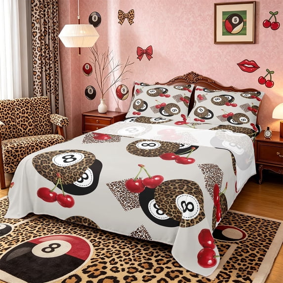 Castle Fairy Vintage Cheetah Print Billiard Bed Sheets 4-Piece, Red Cherry Full Size Sheets, Black Red Brown,1 Fitted Sheet, 1 Flat Sheet and 2 Pillowcases