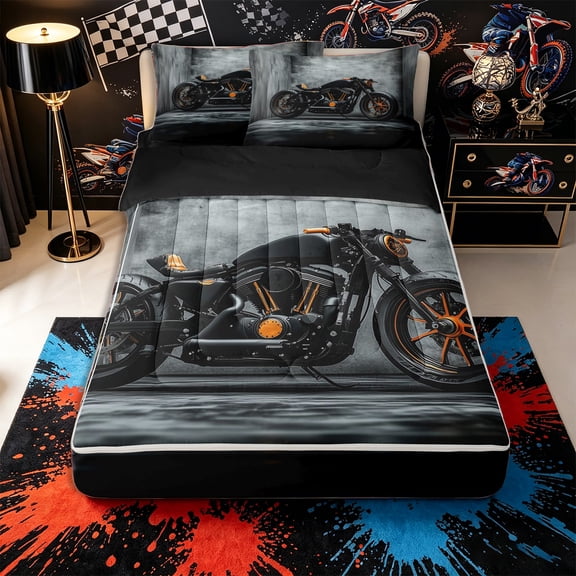 Castle Fairy Vintage Chopper Motorcycle Zipper Twin Comforter Sets with Fitted Sheet and 2 Pillowcases,Concrete Studio Art Zipper Bedding Set,Black Orange,4-Piece,Black Reversible