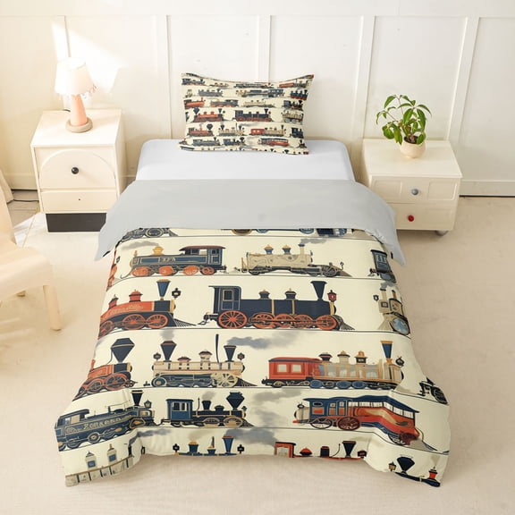 Castle Fairy Vintage Classic Antique Steam Train Twin Bedding for Boys, Retro Locomotive Duvet Cover Set for Bedroom, Navy Red,Grey Reversible,2pcs,No Comforter