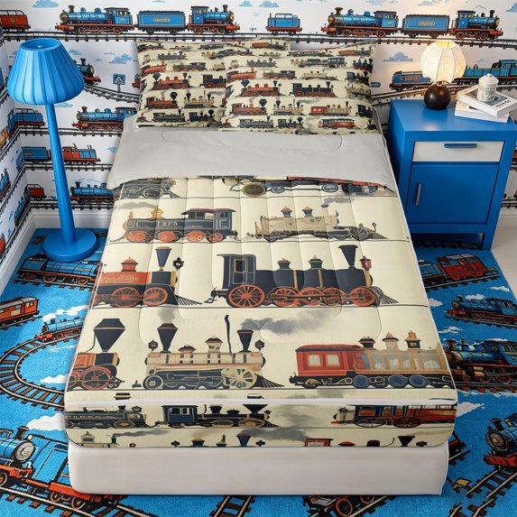 Castle Fairy Vintage Classic Antique Steam Train Zipper Twin Comforter Sets with Fitted Sheet and 2 Pillowcases for Boys,Retro Locomotive Zipper Bedding Set,Navy Red,4-Piece,Grey Reversible