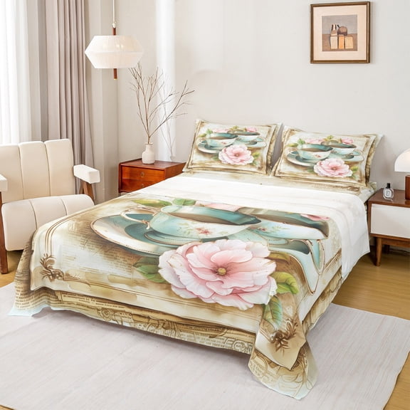 Castle Fairy Vintage Coffee 3pcs Twin Sheet Sets for Teenagers,Chic Flower Twin Fitted Sheet,Rustic Romantic Breathable Flat Sheet,Super Cozy Room Decor