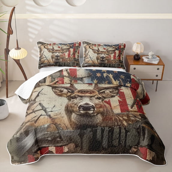 Castle Fairy Vintage Cracked Flag Deer Twin Quilt Set,Distressed Plank Trunk Twin Coverlet Set,Red White Gray