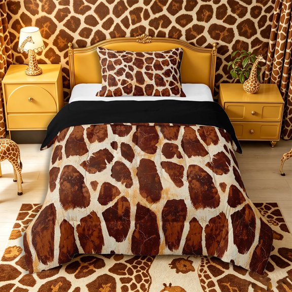 Castle Fairy Vintage Cracked Giraffe Pattern Twin Comforter Sets 2pcs for Girls,Abstract Animal Spot Bedding Set,Rust Brown Beige,Black Reversible,1 Comforter and 1 Pillowcase