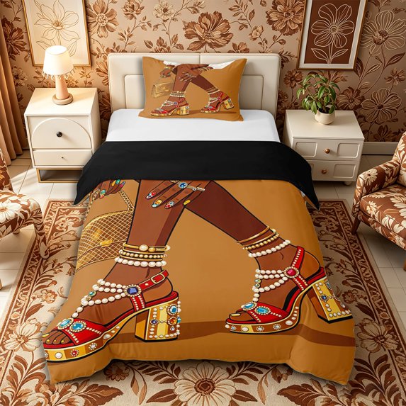 Castle Fairy Vintage Crystal High Heels Twin Duvet Cover,Retro Aesthetics Twin Bedding,Brown Gold,Black Reversible,1 Duvet Cover and 1 Pillowcase