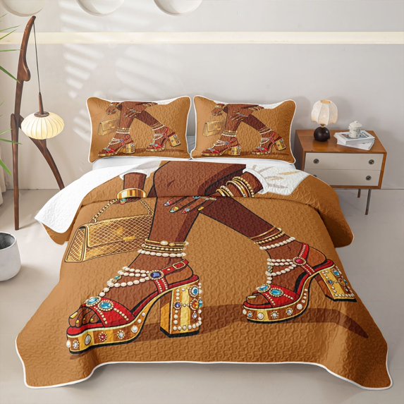 Castle Fairy Vintage Crystal High Heels Twin Quilt Set,Retro Aesthetics Twin Coverlet Set,Brown Gold