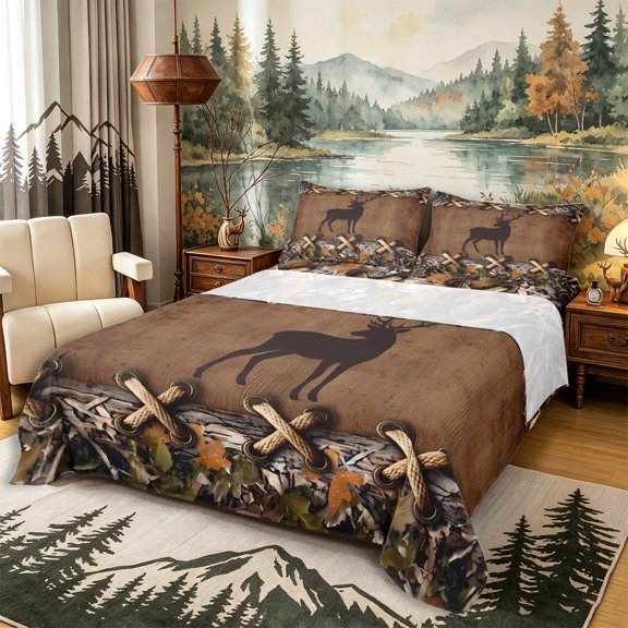 Castle Fairy Vintage Deer Bed Sheets 4-Piece,Camo Autumn Leaf Wood Plank Full Size Sheets,Brown Khaki Black,1 Fitted Sheet, 1 Flat Sheet and 2 Pillowcases