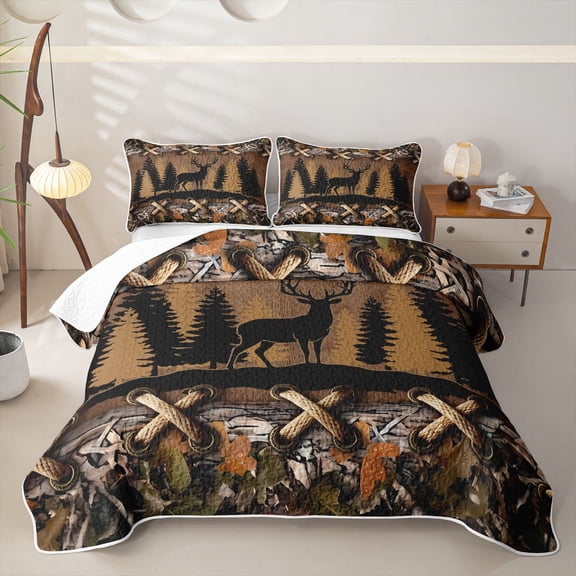 Castle Fairy Vintage Deer Bed Spread Queen,Camo Maple Pine Tree Vintage Plank Queen Coverlet Set,Brown Khaki Black