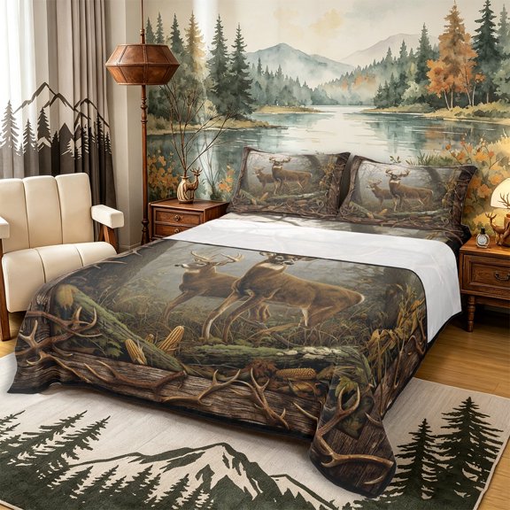 Castle Fairy Vintage Deer Queen Sheets 4 Pieces,Misty Autumn Woodland Queen Sheet Sets,Brown Cream Black,1 Fitted Sheet, 1 Flat Sheet and 2 Pillowcases