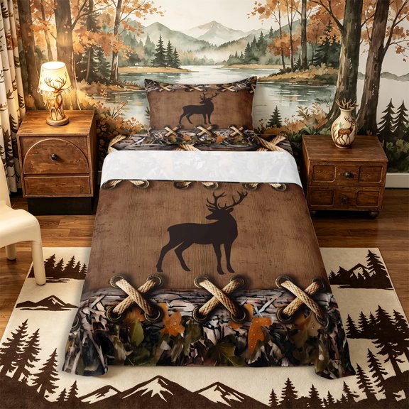 Castle Fairy Vintage Deer Twin Sheets 3pcs,Camo Autumn Leaf Wood Plank Bedding,Brown Khaki Black,1 Fitted Sheet, 1 Flat Sheet and 1 Pillowcase