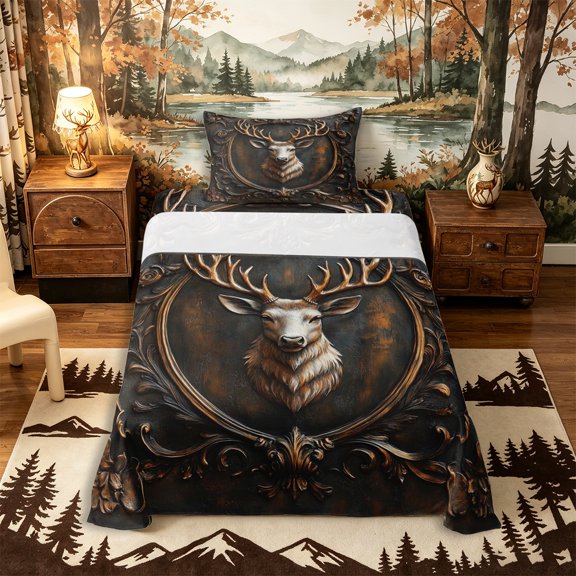 Castle Fairy Vintage Deer Twin Sheets 3pcs for Teens,Ornate Baroque Frame Bedding,Bronze Brown,1 Fitted Sheet, 1 Flat Sheet and 1 Pillowcase