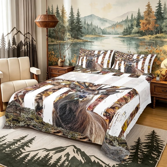 Castle Fairy Vintage Distressed Flag Deer Bed Sheets 4-Piece,Retro American Flag Full Size Sheets,Red White Ochre,1 Fitted Sheet, 1 Flat Sheet and 2 Pillowcases